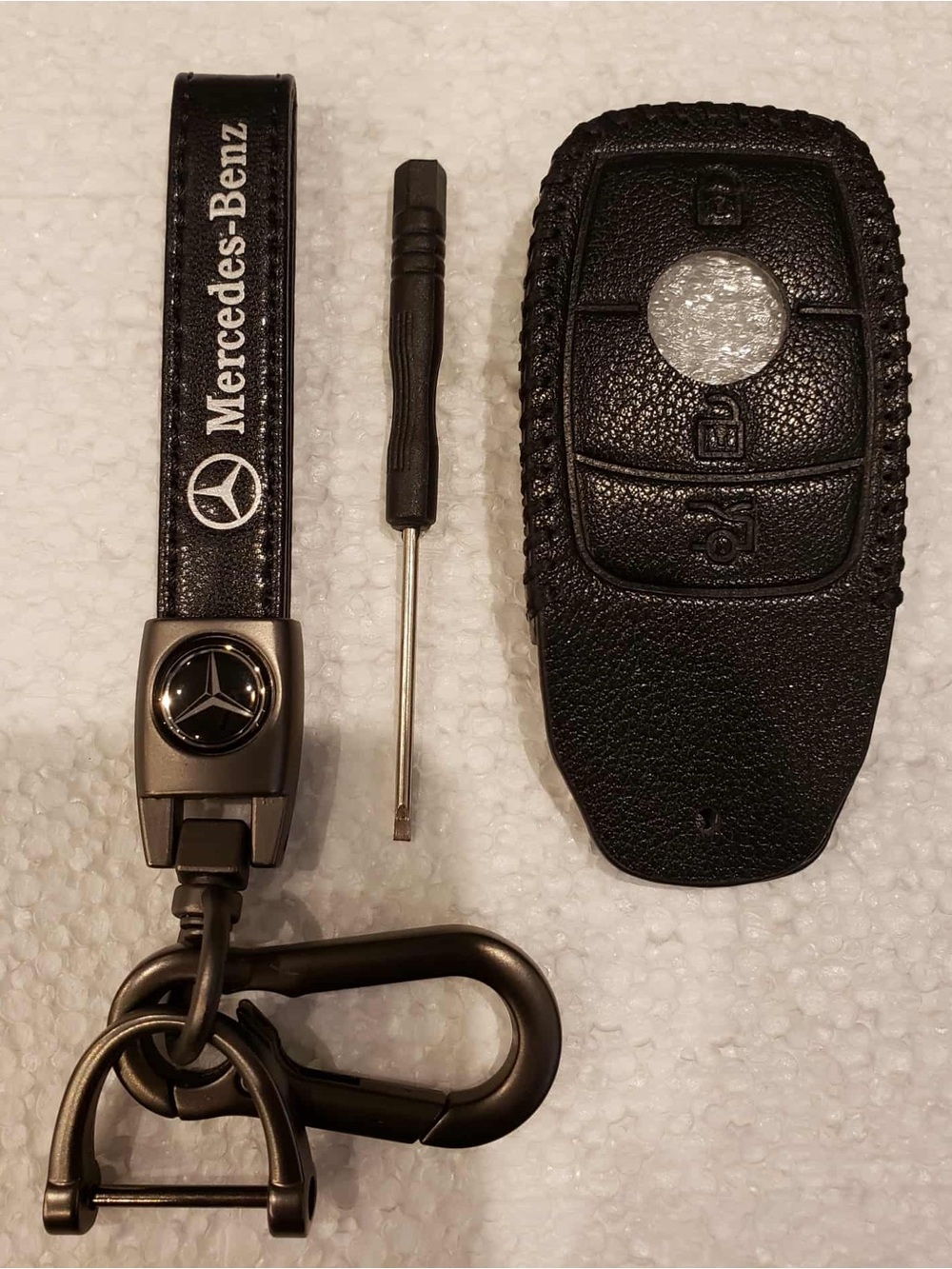 MERCEDES BENZ Black & Silver Leather Dark Gray Keychain & Car Key Fob Case Cover